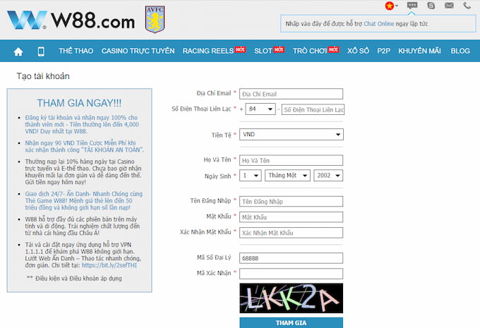 Đăng ký tài khoản vô cùng đơn giản tại W88